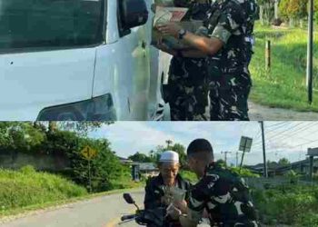 Pagi Berkah Yonif TP 908/Pertaki, Prajurit Berbagi Sarapan dan Air Mineral kepada Masyarakat